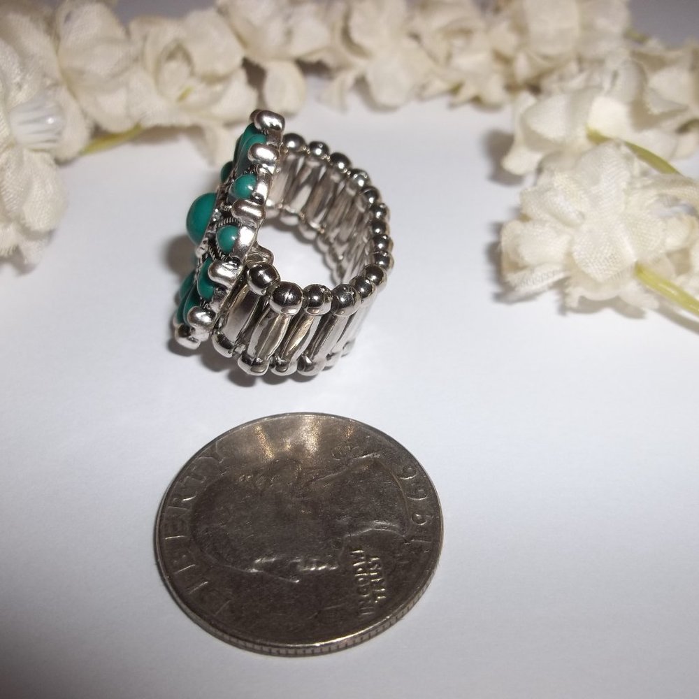 Teal Green and Silver Ring Adjustable Size Stretch Band Southwestern Style A945 - Picture 3 of 5